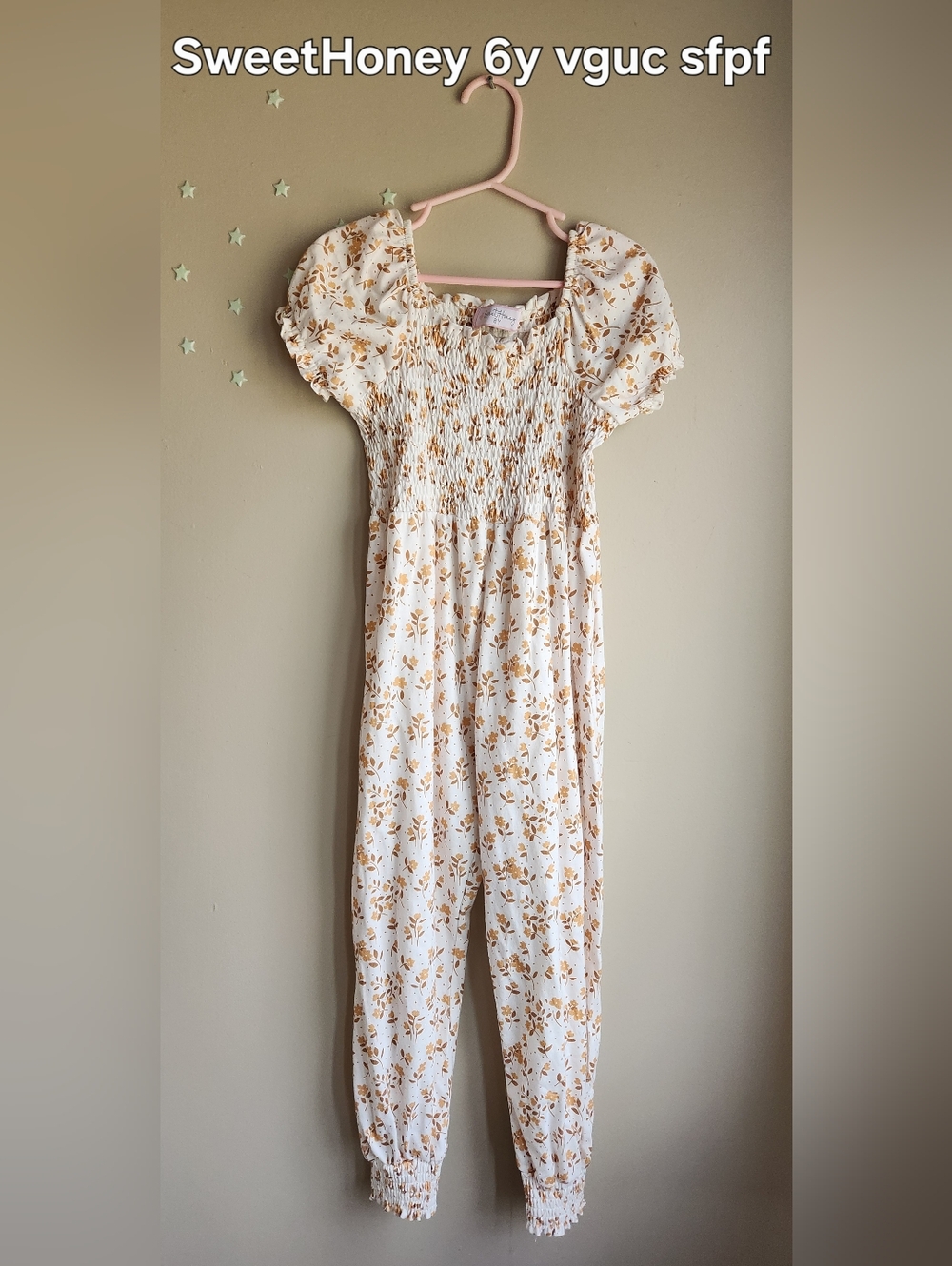 SweetHoney White and Tan Floral Smocked Jumpsuit